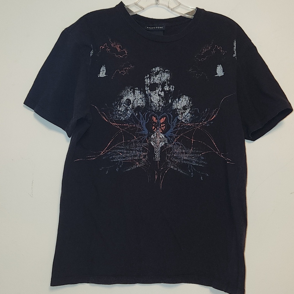 Vintage Structure Black Cotton Skulls Cross Print  Short Sleeve T-shirt Size S